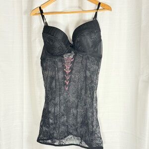Elegant Black Lace Chemise size XL back pink Lace up stretch
